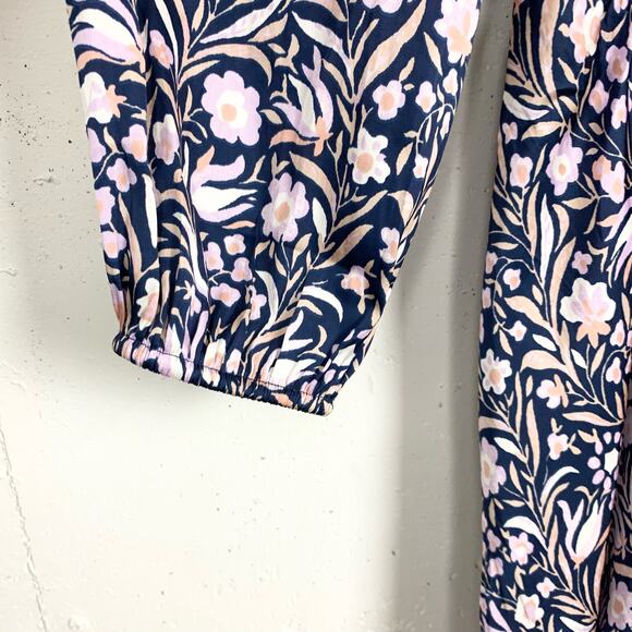 J.Crew V-Neck Mini Dress Floral Fields Navy Smocked Waist Ruffle Neck Medium - Picture 4 of 16